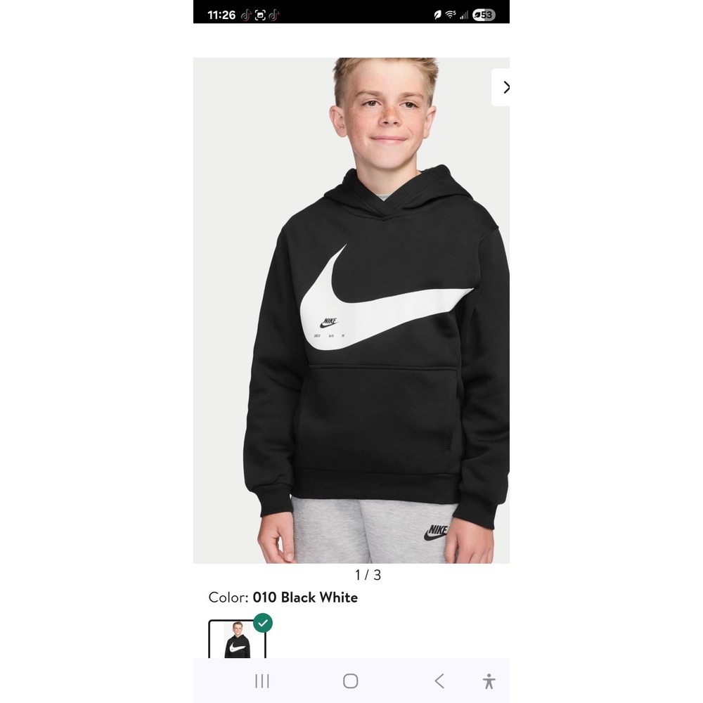 Nike Big Kids Boys Fleece Black Hoodie Pullover Size XL Black/WHITE